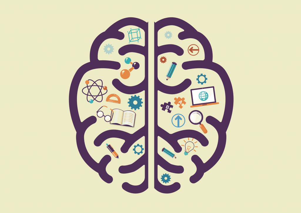 A 2-D, overhead view of a cartoon brain appears on a beige background. Inside the brain, there are symbols for various objects (including molecules, glasses, a book, puzzle pieces, a laptop, and more)