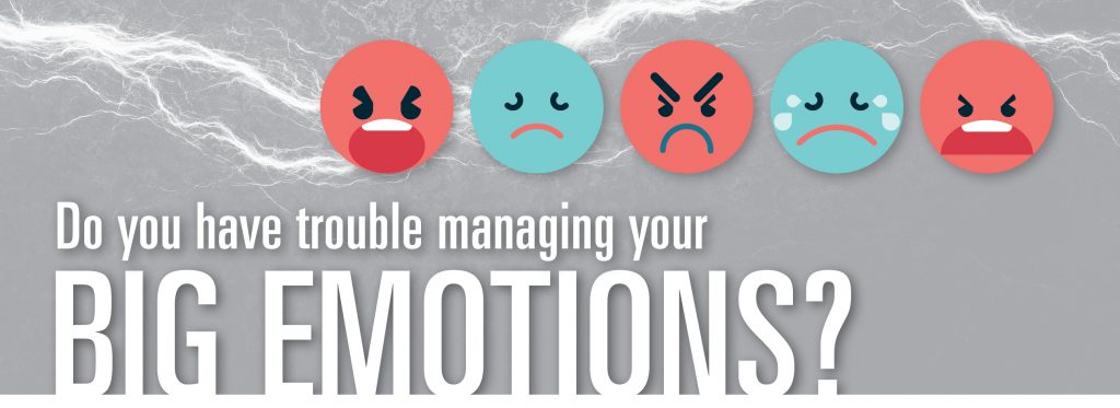 Graphic has grey background. Text reads "Do you have trouble managing your big emotions?" There are red and blue cartoon faces depicting different emotions.
