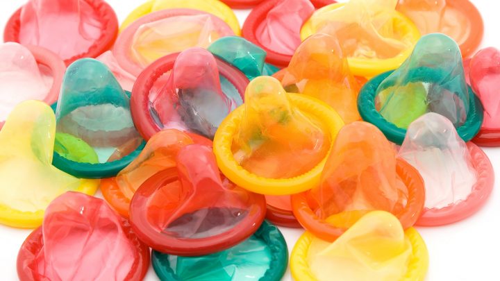 A colourful assortment of male condoms.