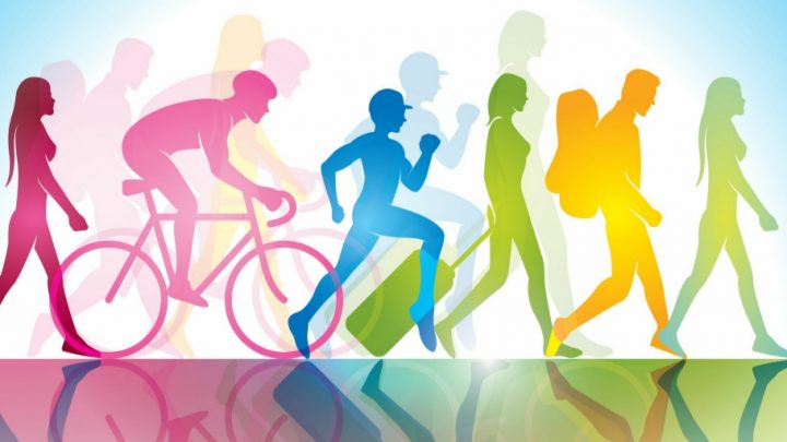 Multicoloured silhouettes of people doing different activities. From left to right: A woman walking (dark pink), a man biking (light pink), a boy running (blue), a woman pulling a suitcase behind her, a man hiking with a backpack (yellow), and a woman walking (green)