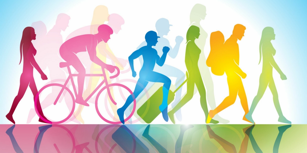 Multicoloured silhouettes of people doing different activities. From left to right: A woman walking (dark pink), a man biking (light pink), a boy running (blue), a woman pulling a suitcase behind her, a man hiking with a backpack (yellow), and a woman walking (green)