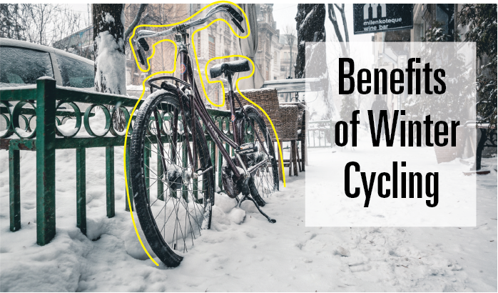 Banner reads, "Benefits of winter cycling". Background image depicts a bike parked by a green fence in snowy downtown Hamilton.